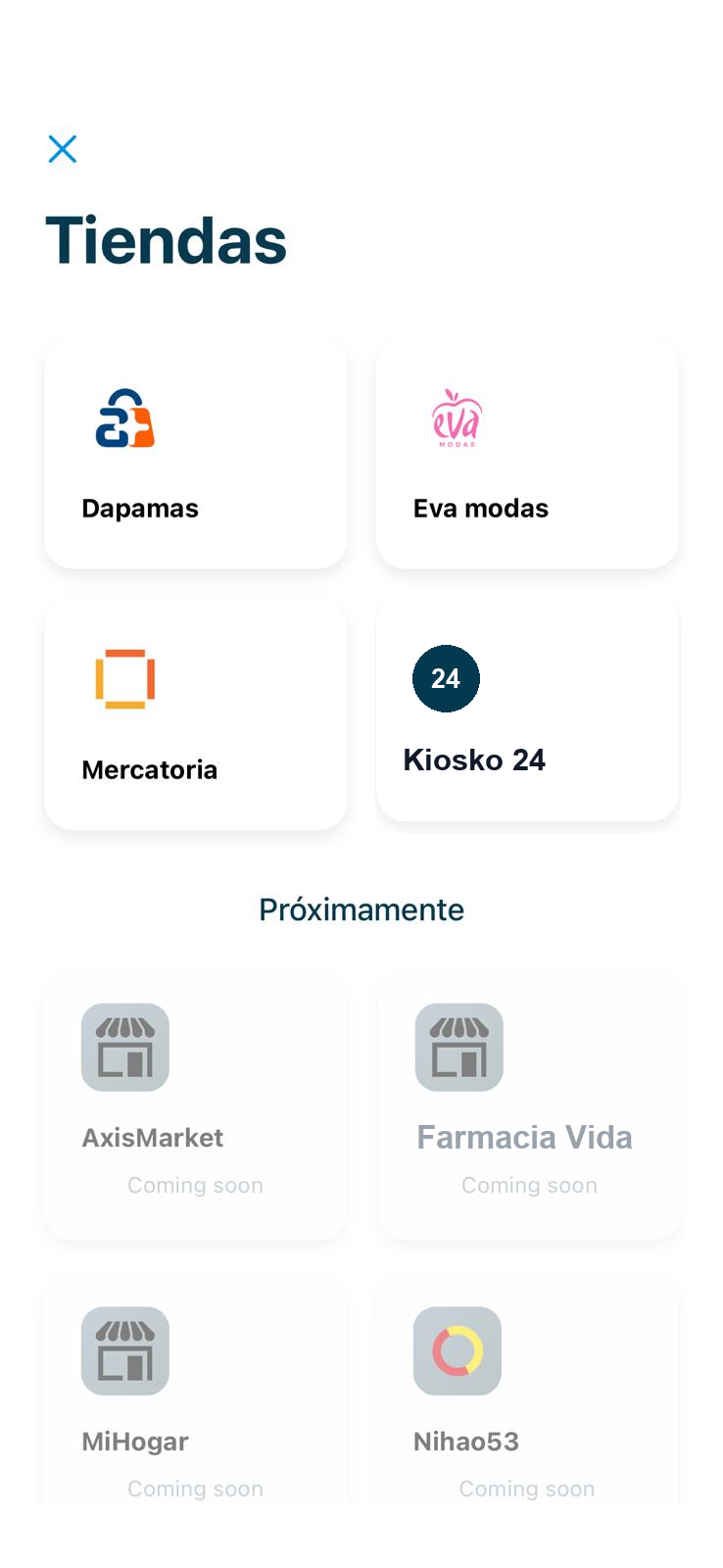Pantalla de Tiendas en la billetera Ebioro, con comercios destacados